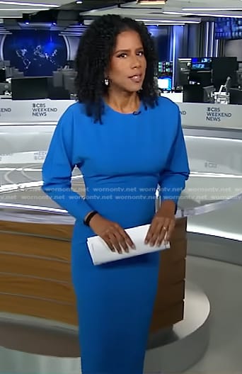Adriana Diaz’s blue long sleeve midi dress on CBS Evening News