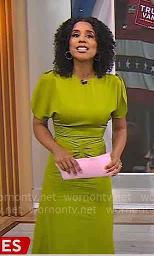 Adriana Diaz’s green ruched front midi dress on CBS Mornings