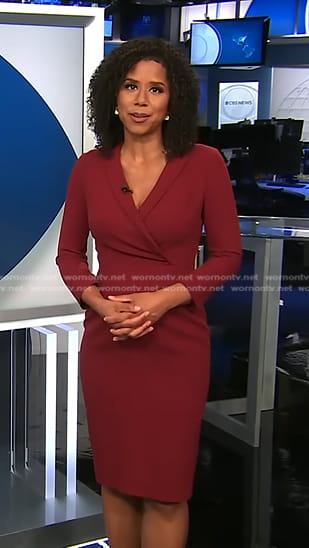 Adriana Diaz’s burgundy surplice sheath dress on CBS Evening News