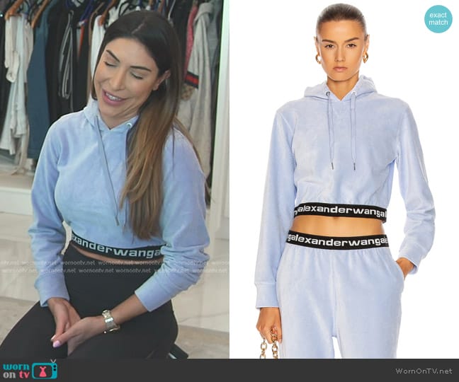 Alexander Wang Corduroy Logo Elastic Cropped Long Sleeve Hoodie in Xenon Blue worn by Taleen Marie (Taleen Marie) on The Real Housewives of Dubai