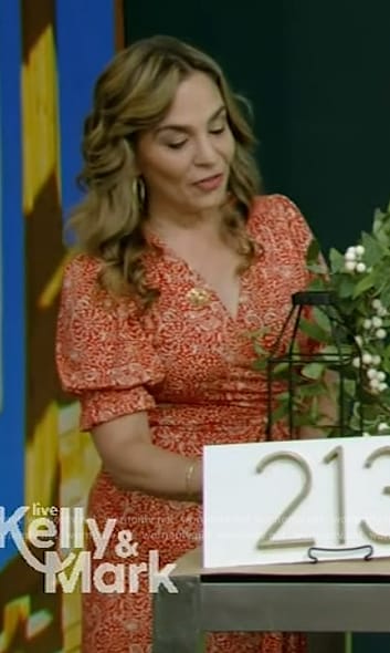 Amy Brightfield’s red paisley print dress on Live with Kelly and Mark