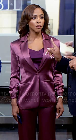 Andi’s purple satin suit on Tyler Perrys Sistas