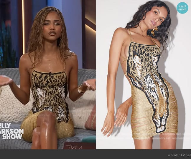 Andrea Almeida Tiger Dress in Gold worn by Tyla on The Kelly Clarkson Show