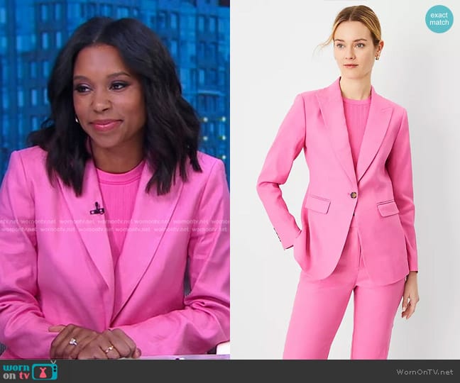 Ann Taylor The Wide Peak Lapel One Button Blazer Linen Blend in Lipstick worn by Rachel Scott on Good Morning America