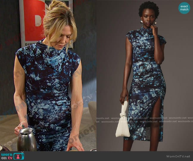 Anthropologie The Maya Ruched Cowl-Neck Dress Mesh Edition in Blue Motif worn by Kristen DiMera (Stacy Haiduk) on Days of our Lives