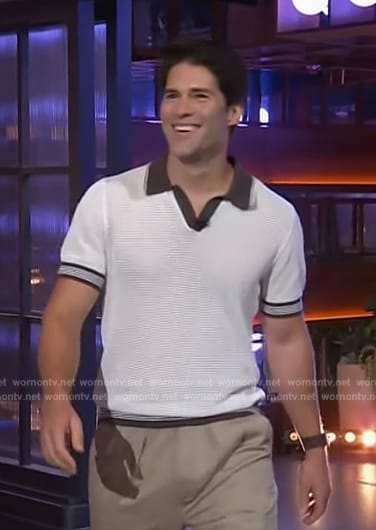 Asher Grodman’s knit contrast polo on The Kelly Clarkson Show