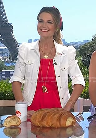 Savannah’s red dress and white denim jacket on Today