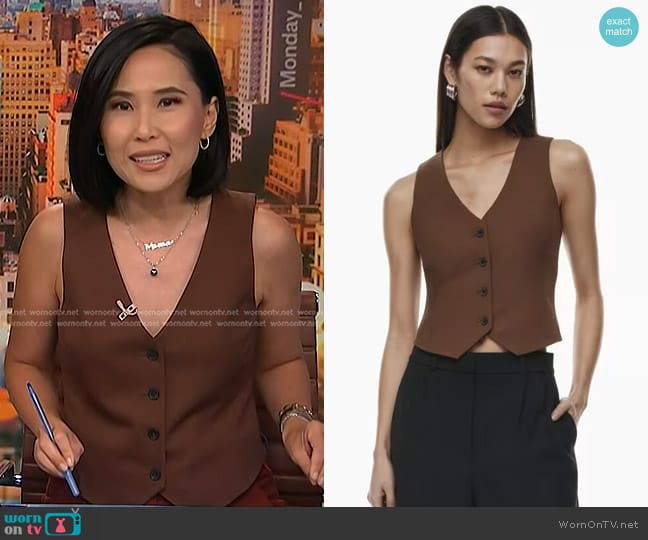 Babaton Deniro Vest in Cognac worn by Vicky Nguyen on NBC News Daily