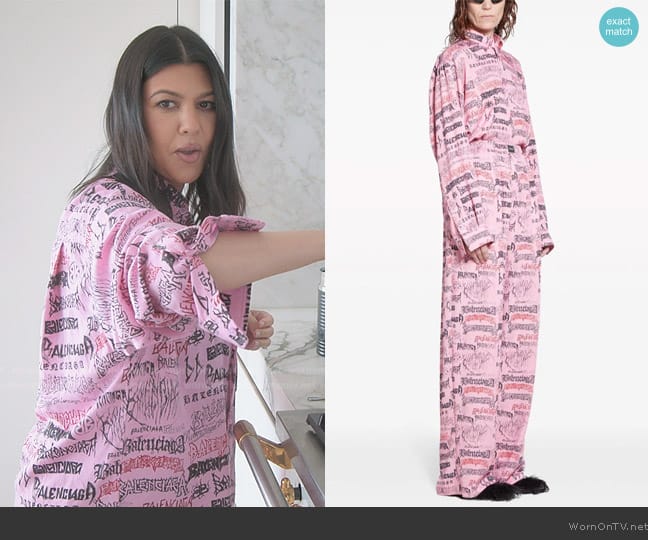 Balenciaga Allover Logo Printed Oversized Shirt worn by Kourtney Kardashian (Kourtney Kardashian) on The Kardashians