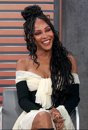 Meagan Good’s colorblock off shoulder dress on Access Hollywood