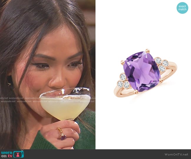 Brevani Cushion Amethyst Ring with Trio Bezel Diamonds in Rose Gold worn by Jenn Tran on The Bachelorette