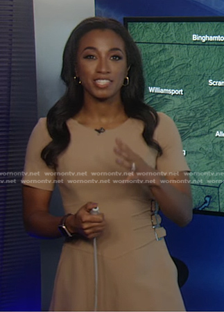 Brittany’s beige buckle waist dress on Good Morning America