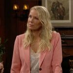 Brooke’s coral pink suit and floral lace-trim top on The Bold and the Beautiful