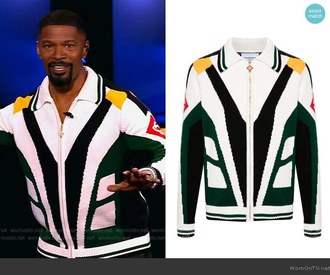 Casablanca Intarsia-knit cotton cardigan worn by Jamie Foxx on Beat Shazam