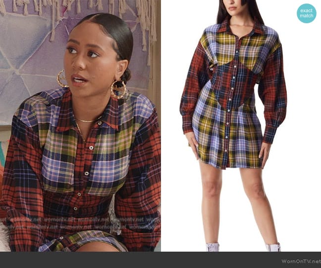 Circus NY by Sam Edelman Daniella Mixed Plaid Mini Shirt Dress in Cardamom Seed worn by Keisha (Netta Walker) on All American Homecoming