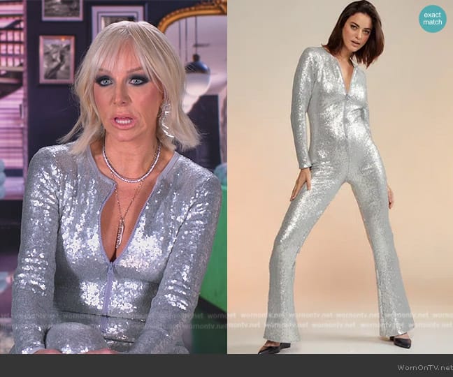 Cynthia Rowley Silver Sequin Jumpsuit with front zipper worn by Margaret Josephs on The Real Housewives of New Jersey