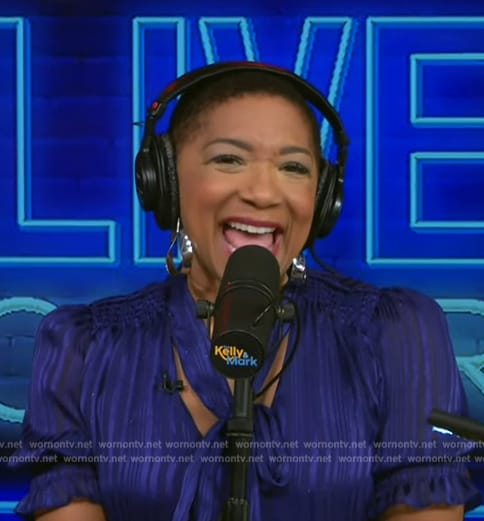 Deja Vu’s blue metallic tie neck dress on Live with Kelly and Mark