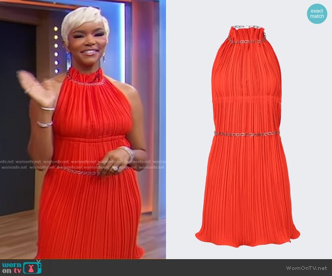 Dion Lee Chain Pleat Halter Mini Dress in fuchsia and Vermilion worn by LeToya Luckett on Good Morning America