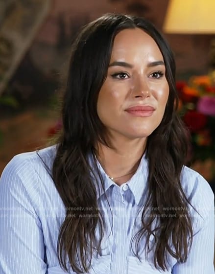 Emily Curl’s blue pinstripe corset dress on E! News