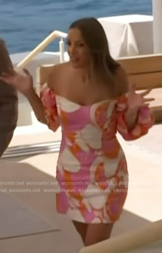 Emily Orozco’s floral print off shoulder dress on Access Hollywood