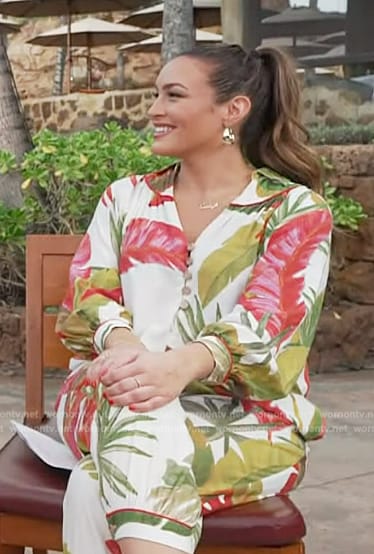 Emily’s white leaf print jumpsuit on Access Hollywood