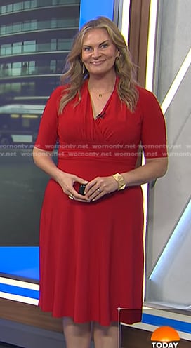 Emily’s red gathered waist dress on Today