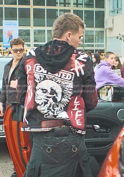 Eric’s black printed studded jacket on Elite
