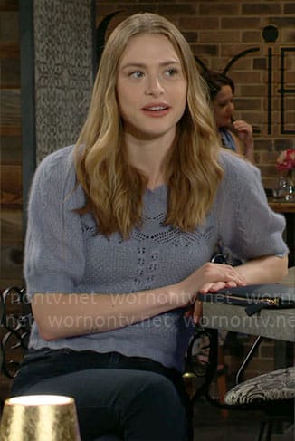 Claire’s blue pointelle knit sweater on The Young and the Restless