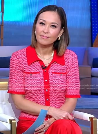 Eva’s red short sleeve cardigan on Good Morning America