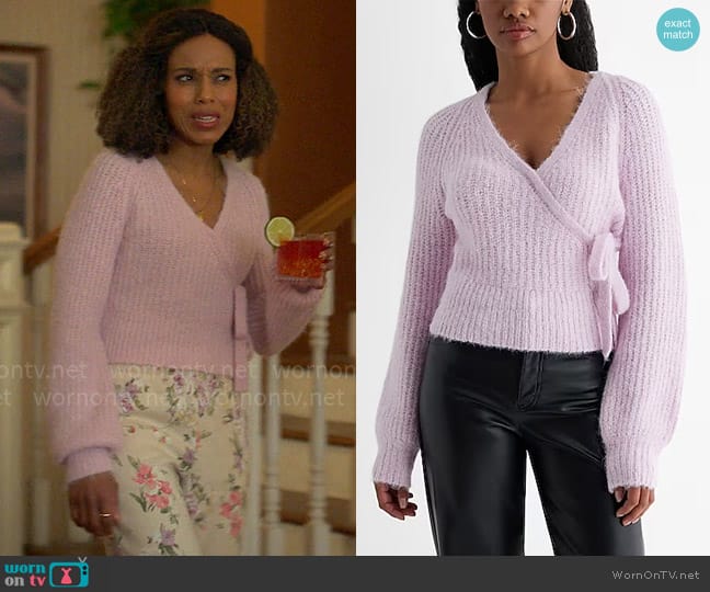 Express Fuzzy Ribbed Surplice Tie Sweater in Light Pink worn by Paige Alexander (Kerry Washington) on UnPrisoned