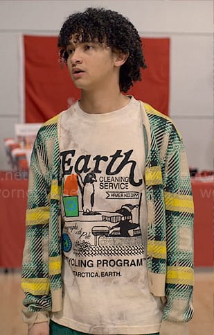 Finn’s Earth graphic tee and plaid cardigan on UnPrisoned