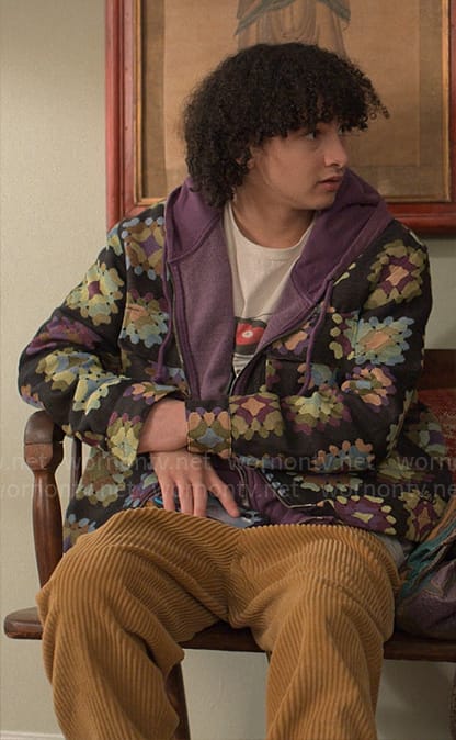 Finn’s crochet square print jacket on UnPrisoned