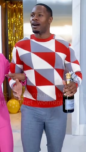 Gary’s red geometric print sweater on Tyler Perrys Sistas