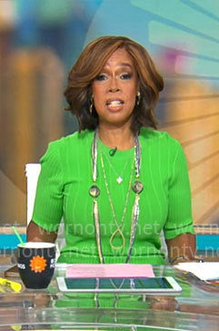 Gayle King’s green rib knit dress on CBS Mornings