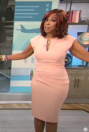 Gayle King’s beige split-neck dress on CBS Mornings