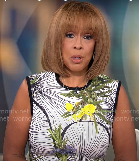 Gayle’s white floral sleeveless dress on CBS Mornings