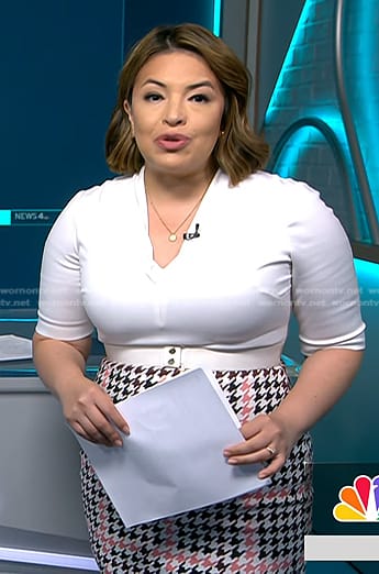 Gilma Avalos’s white houndstooth sheath dress on NBC News Daily
