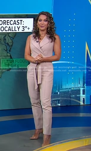 Ginger’s beige sleeveless wrap jumpsuit on Good Morning America