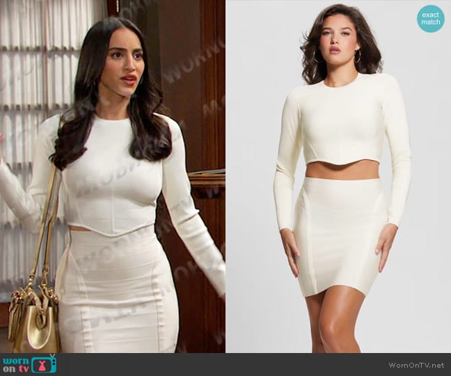 Guess Lana Mirage Corset Top in white worn by Gabi Hernandez (Cherie Jimenez) on Days of our Lives