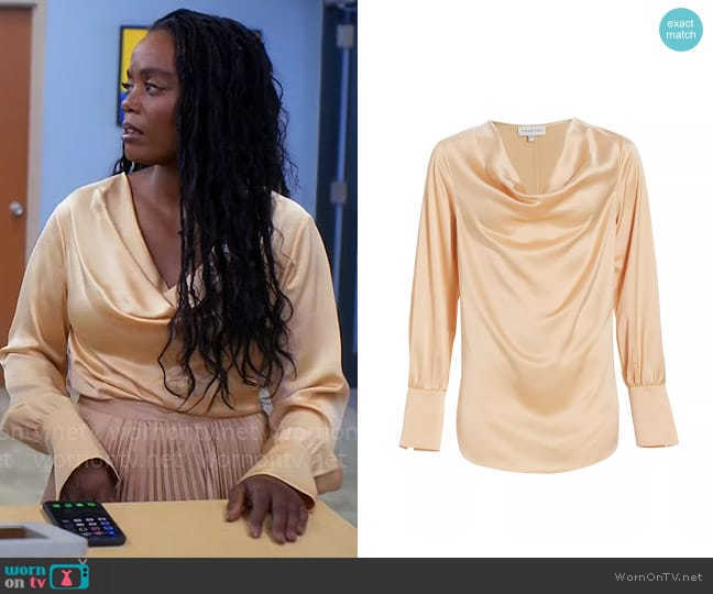 Halston Luisa Charmeuse Cowl Top worn by Sabrina Hollins (Novi Brown) on Tyler Perrys Sistas