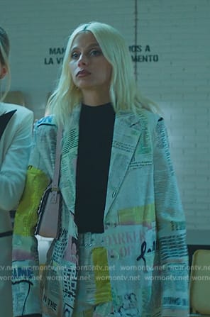 Isadora’s newspaper print blazer and pants on Elite