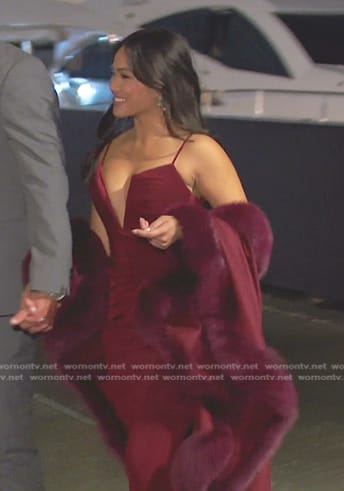 Jenn Tran’s burgundy dress and fur trim cape on The Bachelorette