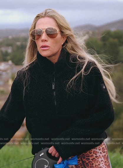 Jennifer’s black sherpa jacket and leopard print leggings on The Real Housewives of Orange County