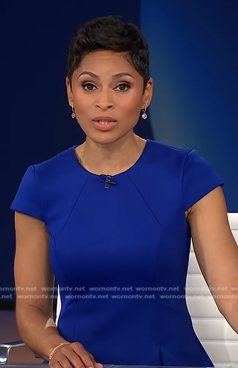 Jericka’s blue laser cut dress on CBS Evening News