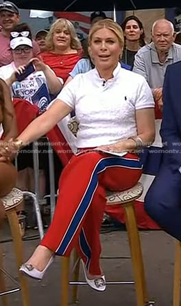 Jill’s white polo sweater and red side stripe pants on Today