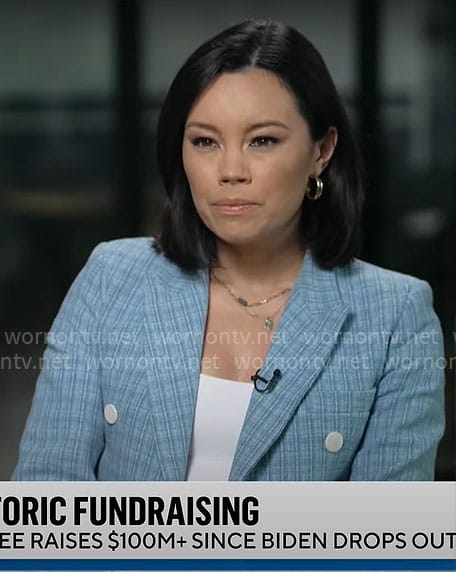 Jo Ling Kent’s blue blazer with white buttons on CBS Mornings