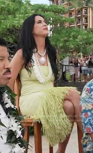 Kate Perry’s yellow fringe dress on Access Hollywood