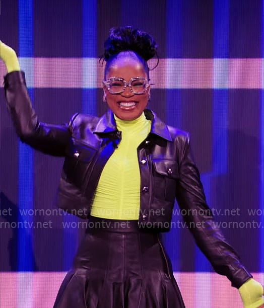 Keke Palmer’s ruched lime top, leather skirt and jacket on Password