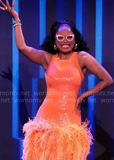 Keke Palmer’s orange sequin and feather dress on Password