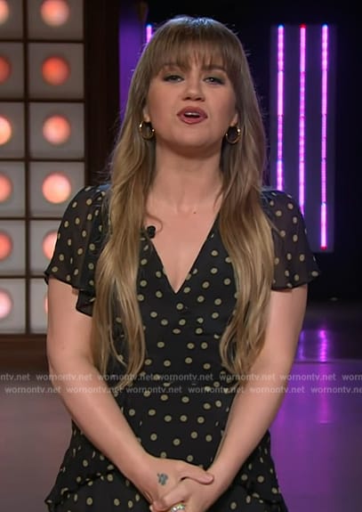 Kelly’s black polka dot print wrap dress on The Kelly Clarkson Show